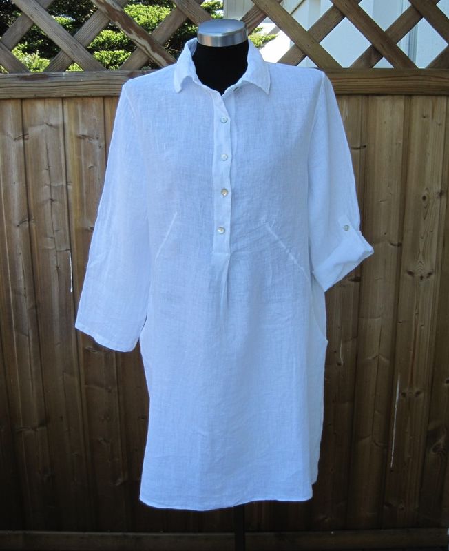 Vit Knälång Linneklänning / Tunika Med Krage