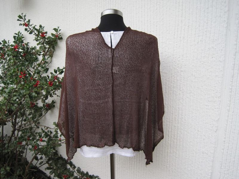Brun Tunn Glest Stickad Poncho Sjal