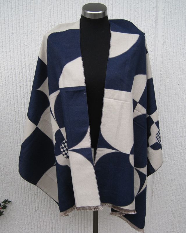 Mörkblå Stormönstrad Sjal Stor Halsduk Ullmix