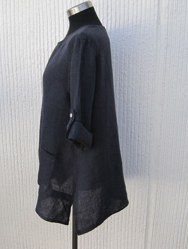 Mörkblå Linnetunika Med Halvlång Ärm