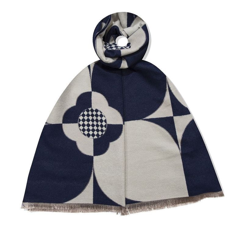 Mörkblå Stormönstrad Sjal Stor Halsduk Ullmix