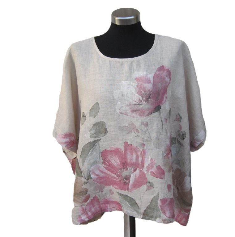 Oversized Beige Blommig Linnetopp
