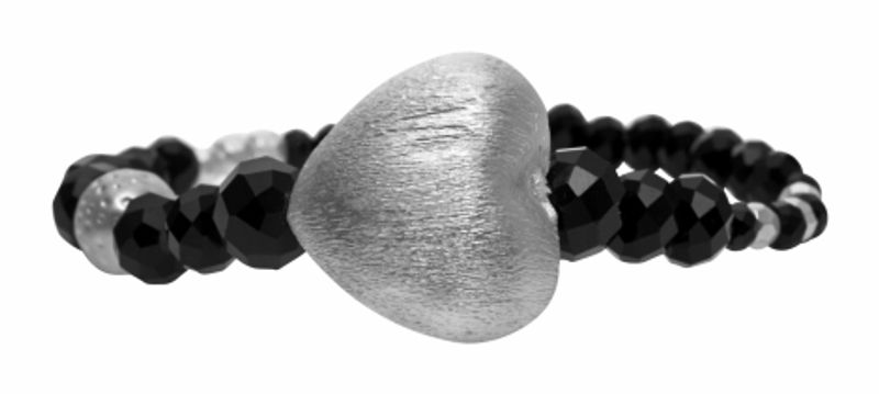 Elastiskt Armband med svarta pärlor och hematithjärta. Dansk Smykkekunst